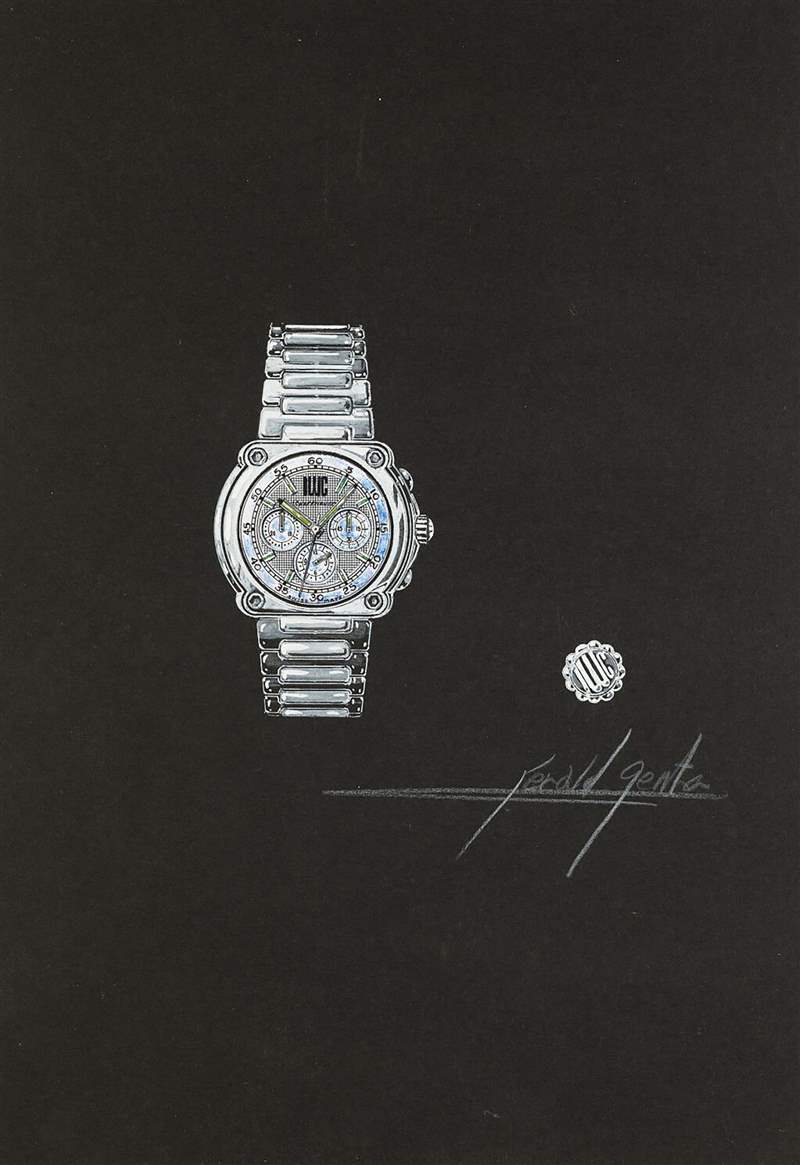 这幅有着「IWC」标志的精钢腕表设计草图可能最早于1967年已经诞生（图片来源：苏富比）