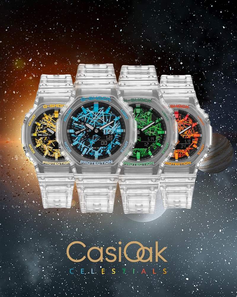 IFL Watches与The Dial Artist崭新开发CasiOak Celestial系列，将天体主题带入农家橡树手表，并用抽象手绘结合彩色诠释不同行星。 （Source：iflwatches）