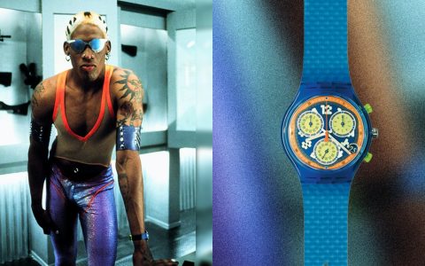 观看发现丹尼斯罗德曼在“双人队”（1997）中佩戴斯沃琪计时码表