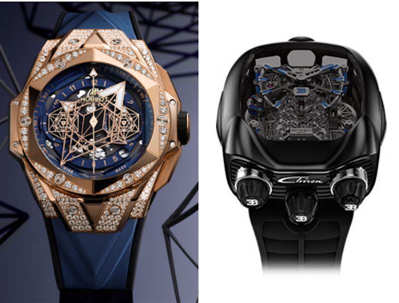 太子珠宝钟表连续第12年赞助的「World Brand Piazza」专区，将呈献12个巧夺天工的世界级腕表品牌，当中包括瑞士宇舶表的Big Bang Sang Bleu II限量版腕表(左)及瑞士杰克宝的杰克宝X 布加迪CHIRON陀飞轮腕表(右) 。