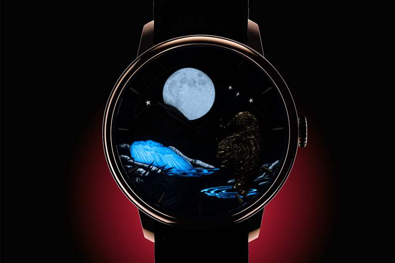 Arnold & Son 虎年月相恒动腕表，显示夜光月亮和风景