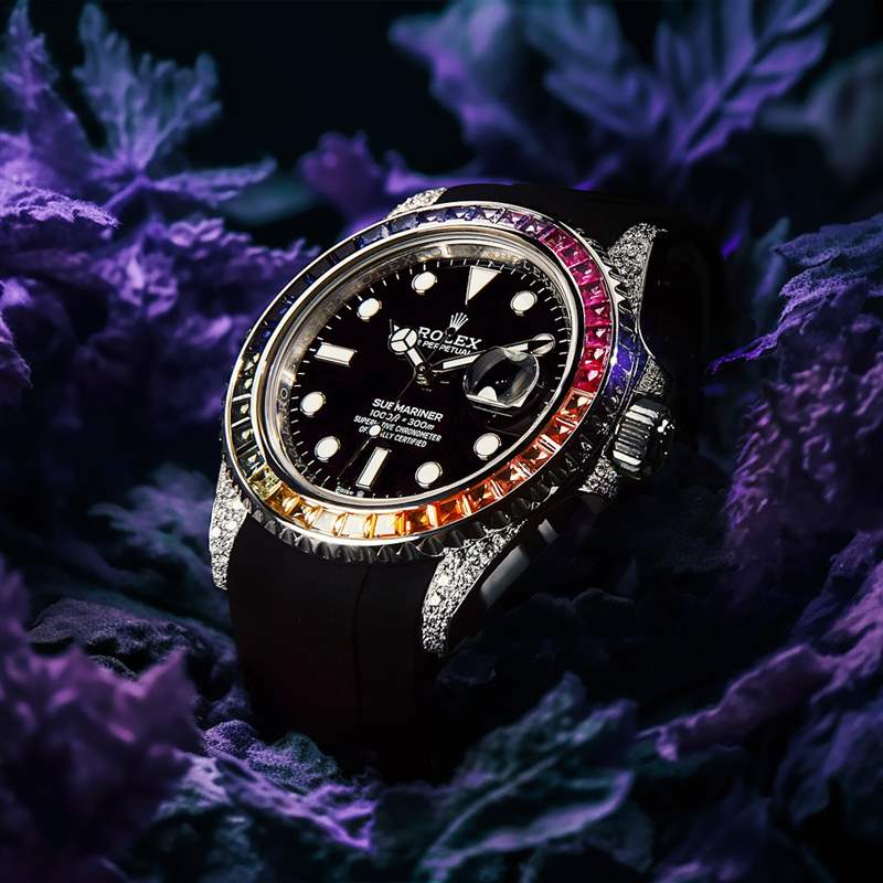 CAGAU推出黑水鬼的彩虹圈版本，同時錶殼也鑲上鑽石，讓手錶瞬間華麗感升級。（IG@cagaudubai）