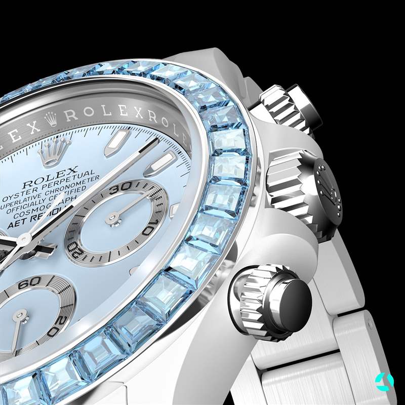 手錶面盤僅改成淺藍色，變動程度沒有錶殼與錶圈高，但也完美呼應藍寶石錶圈的顏色，在白色錶殼與鍊帶烘托下散發素雅俐落感。（Source：AET REMOULD）