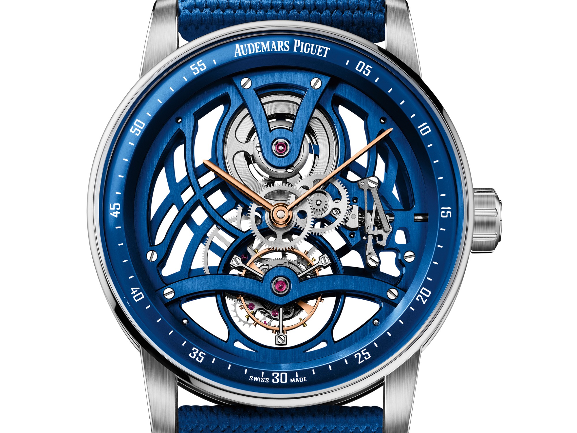 爱彼推出Code 11.59 Tourbillon Openworked Electric Blue蓝色超薄镂空陀飞轮腕表